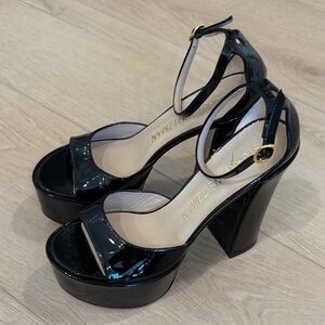 Stuart Weitzman Black Patent Platform Ankle-Strap Sandals